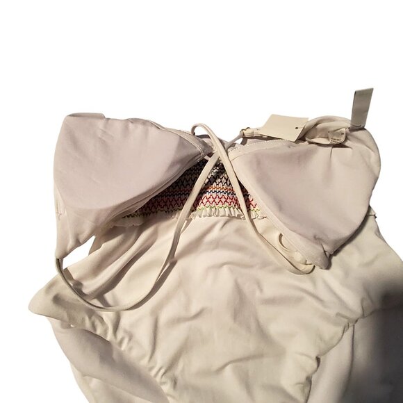 Smocking Solids White Swimwear With Multicolor Waist Detail Halter Style Medium - Picture 4 of 11